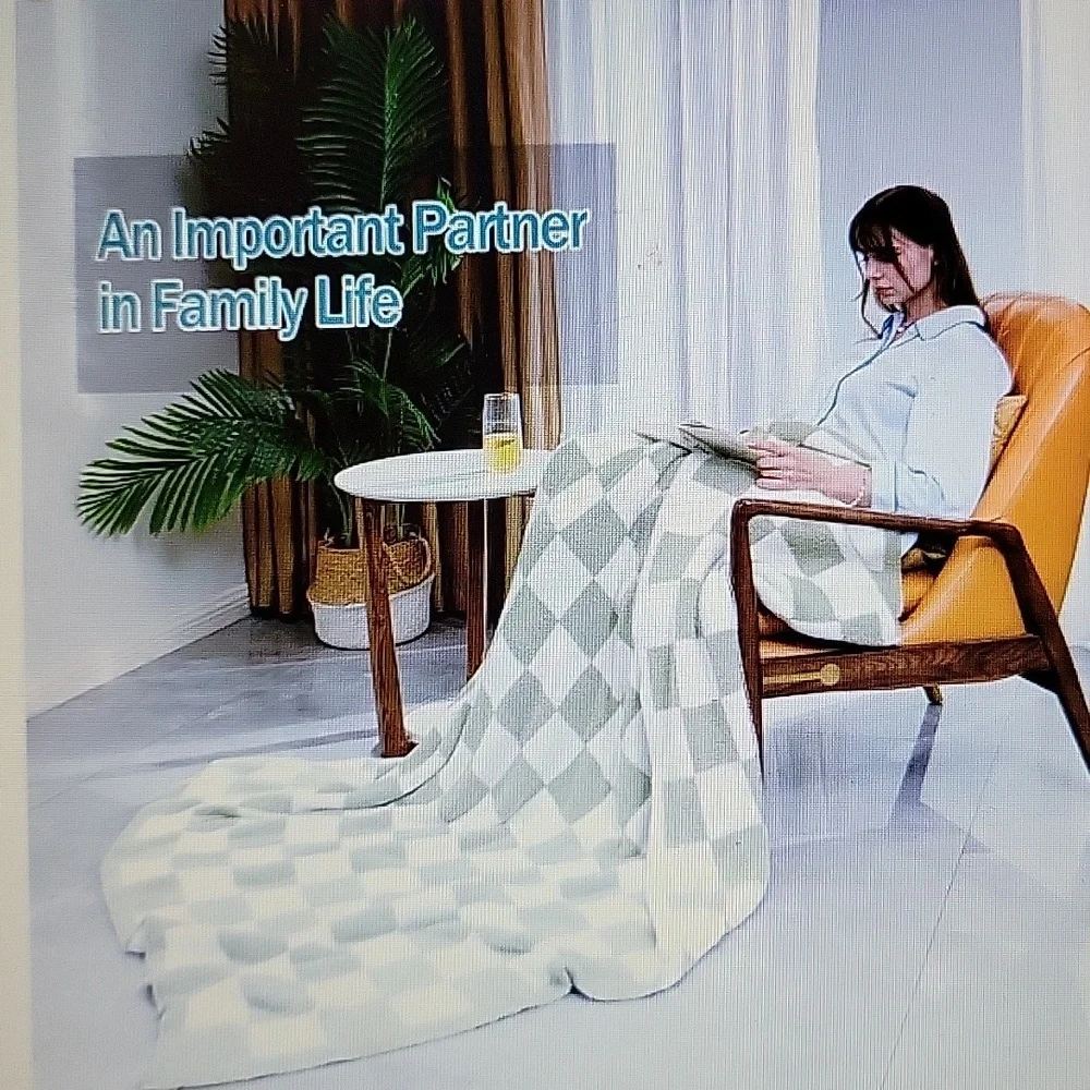 GCQC sage green white check throw blanket knitted checkerboard fluffy fur New…